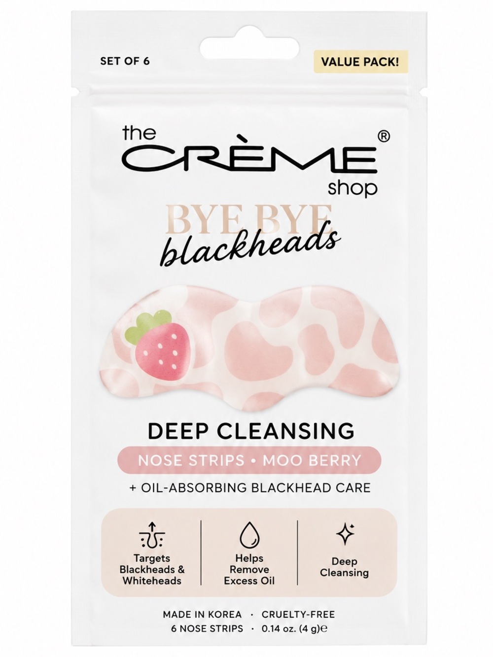The Crème Shop Bye Bye Blackhead Nose Strips Moo Berry 6 Count NEW